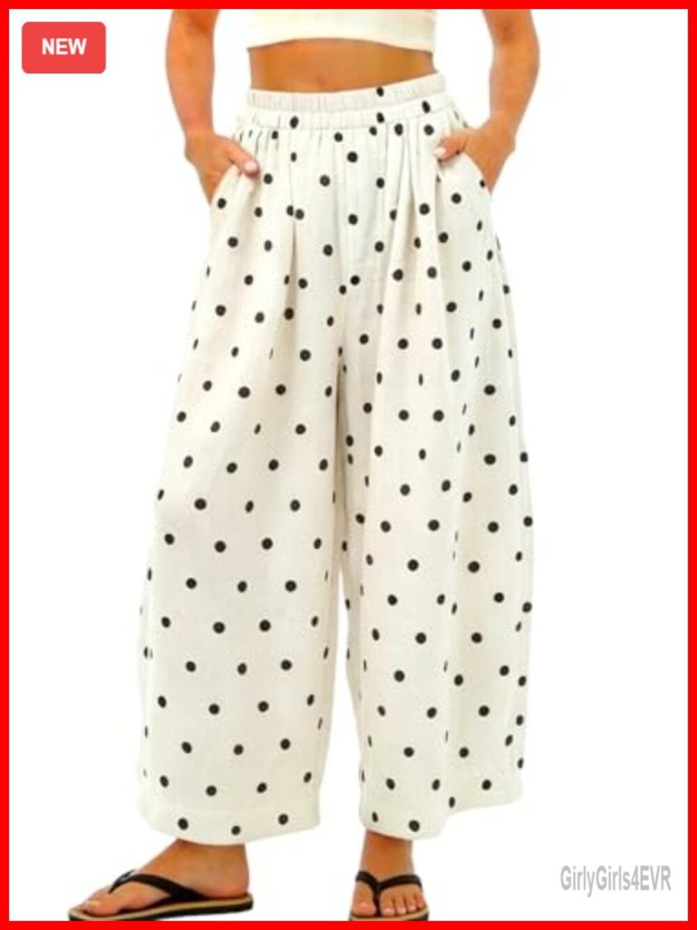 Cotton Linen Polka Dot Wide Leg Palazzo Pants Beach Elastic Waist